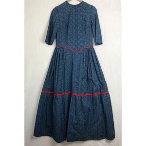 VTG 70s Handmade‎ Maxi Tiered Prairie Dress 36" *See Measurements Blue Calico